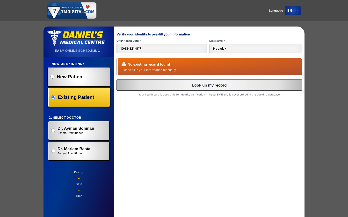 Existing patient 1043321817 / Nedwick — no record (Oscar timeout)