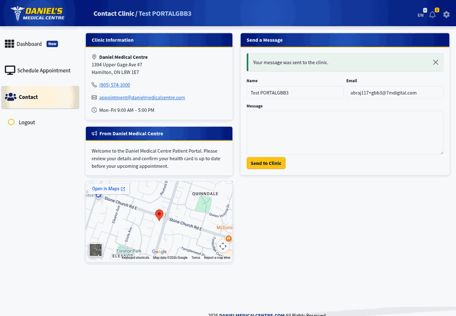 Contact message sent on screen